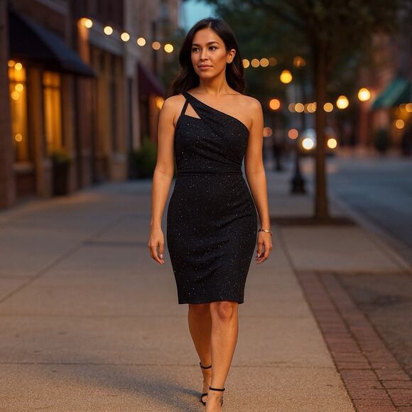 WHBM Dress NWT Size 8 Petite One Shoulder Black Sparkle Cocktail Midi Length - Picture 1 of 7